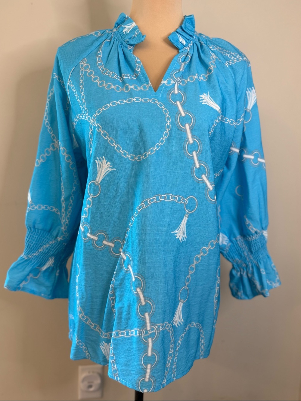 Boho Chic vibrant blue white top chain tassel novelty print SM